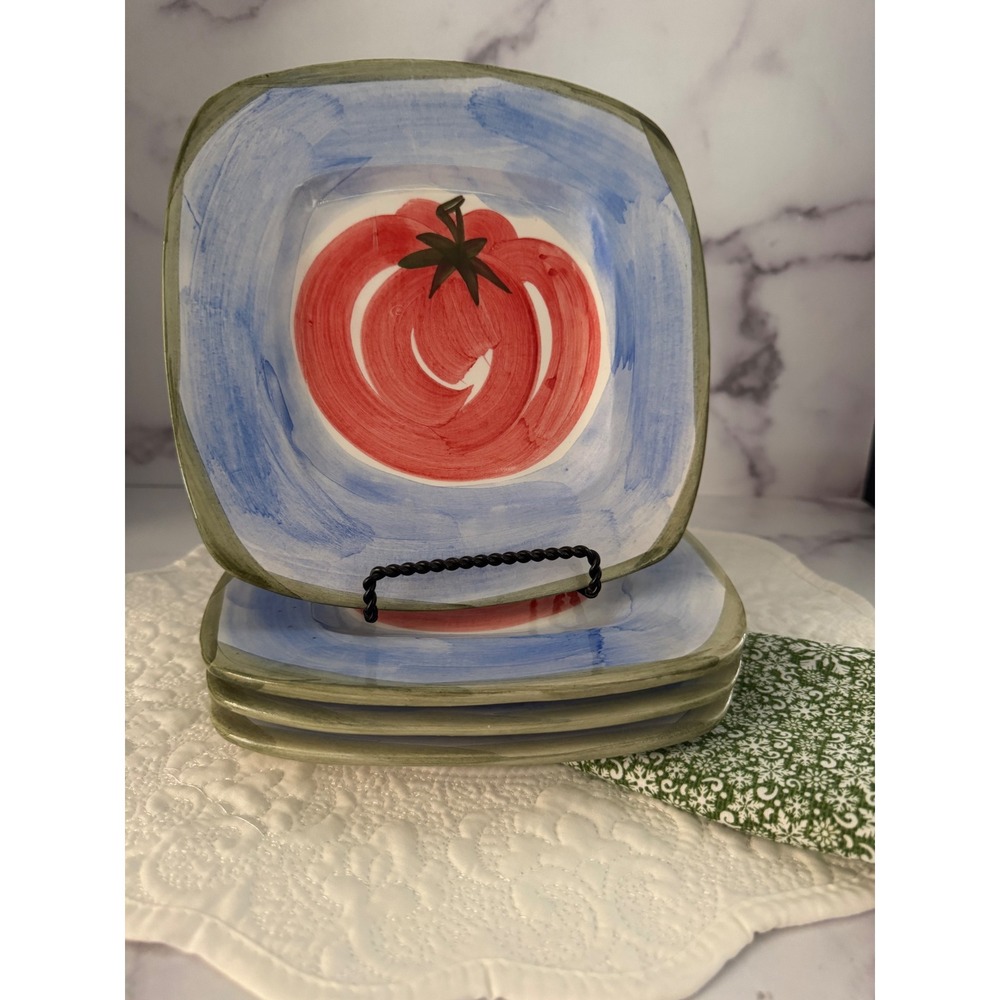 Zanolli Italy Hand Painted Tomato Square Salad Plates Set of 4 Ceramic 9 Inch